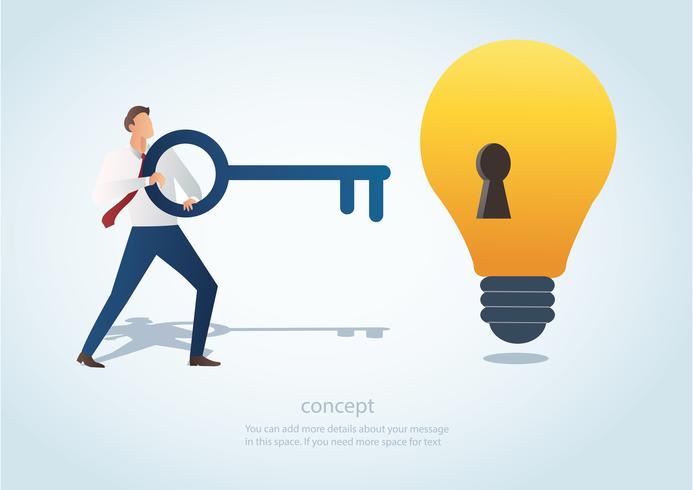 man holding the big key with keyhole on the lightbulb, concept of creative thinking vector