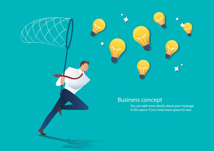 businessman holding a butterfly net try to catch light bulb. idea concept vector