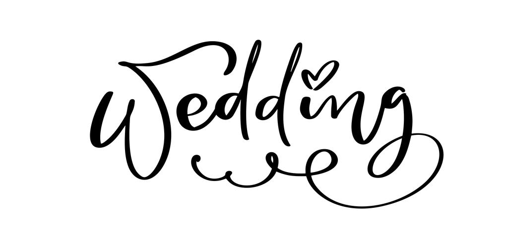 Texto de las letras del vector de la boda con el corazón en el fondo blanco. Palabras de diseño decorativo escritas a mano en fuentes rizadas. Gran diseño para una tarjeta de amor o una impresión