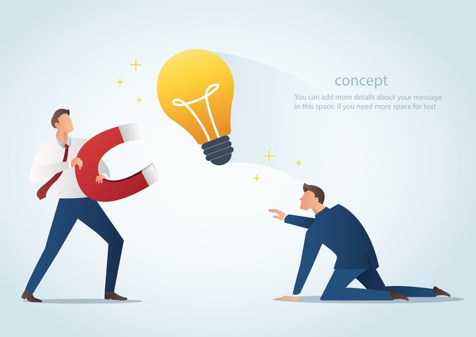 businessman holding magnet attract light bulbs steal work from colleague, plagiarism vector illustration