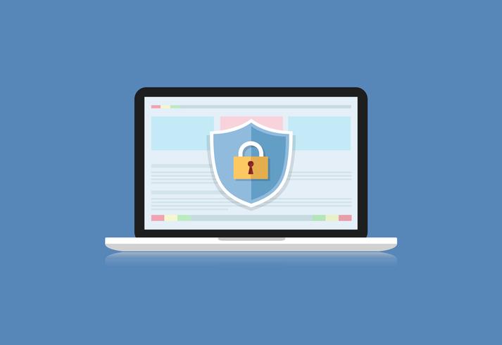 Concept is data security .Shield on Computer Laptop protect sensitive data. Internet security. Vector Illustration