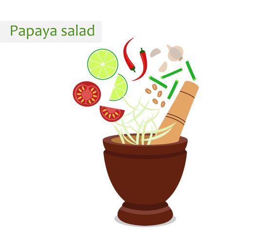 Ensalada de papaya (comida tailandesa) con mortero e ingredientes - Ilustración vectorial vector