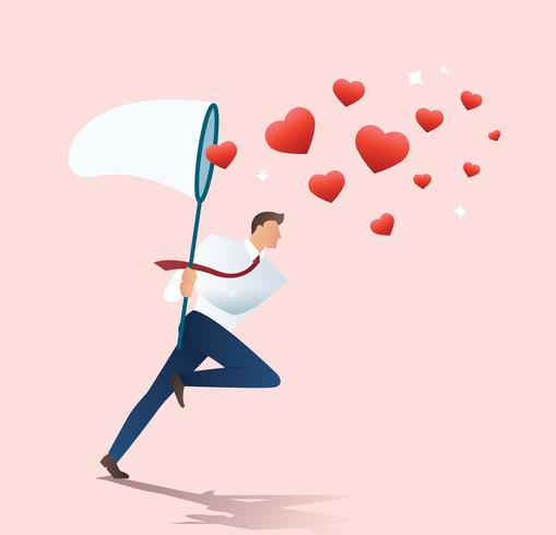 man holding a butterfly net trying to catch heart icons vector illustration