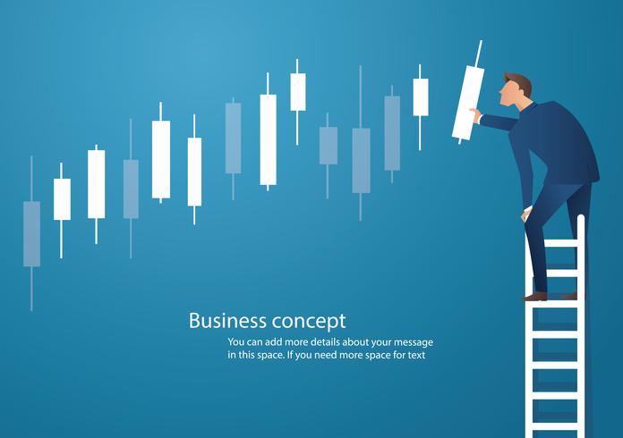 Business concept vector illustration of a man on ladder with candlestick chart background, concept of stock market