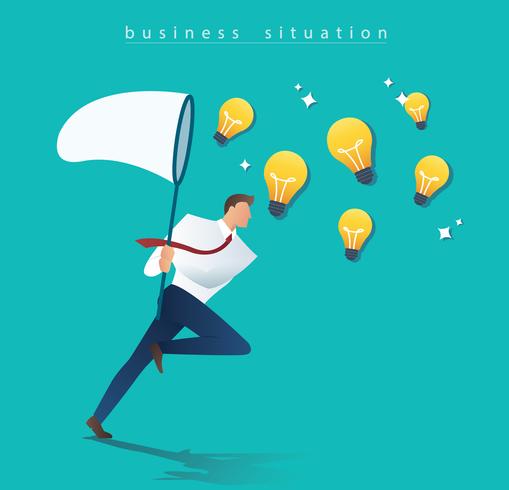 businessman holding a butterfly net try to catch light bulb. idea concept vector