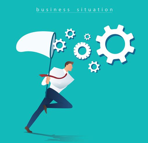businessman holding a butterfly net try to catch gears , cogs icon  vector