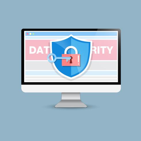 Concept is data security . Shield on Computer Desktop protect sensitive data. Internet security. Vector Illustration.or