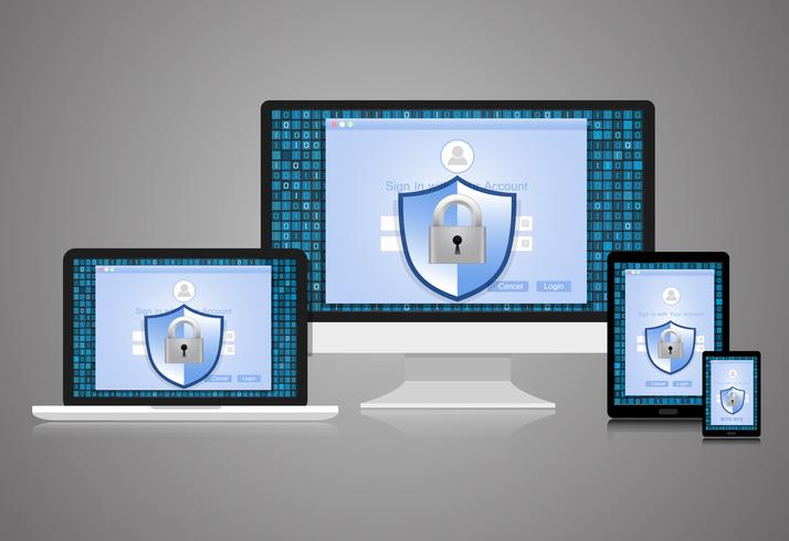 Concept is data security. Shield on computer ,Laptop, Tablet and Smart Phone  protect sensitive data. Internet security. Vector Illustration.