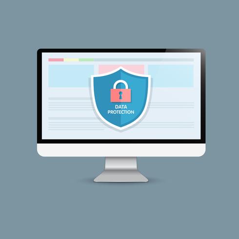 Concept is data security Access .Shield on Computer Desktop  protect sensitive data. Internet security. Vector Illustration.