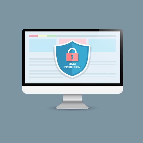 Concept is data security Access .Shield on Computer Desktop  protect sensitive data. Internet security. Vector Illustration.