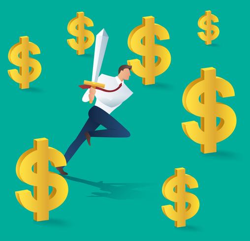 business man with sword running and dollar icon, business concept of successful. Vector illustration