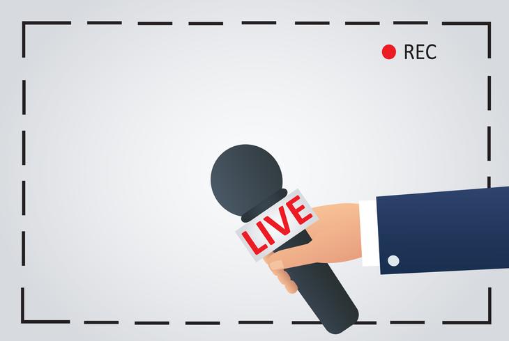 news illustration on focus tv and live with camera frame record. reporter with microphone, journalist symbol vector