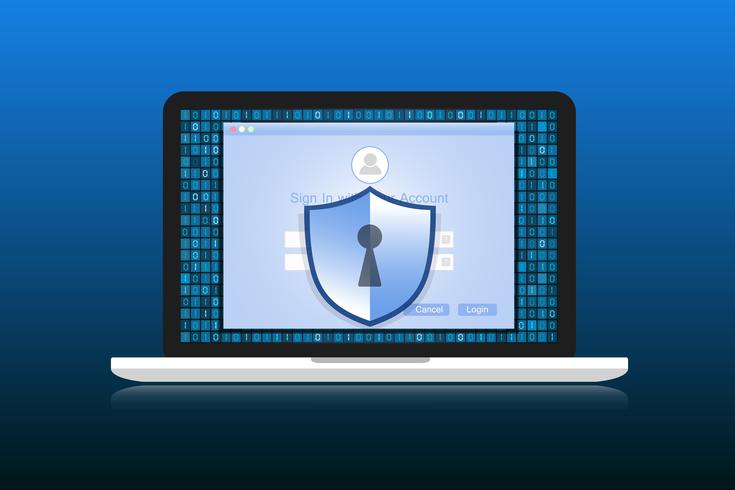 Concept is data security. Shield on Labtop protect sensitive data. Internet security. Vector Illustration.