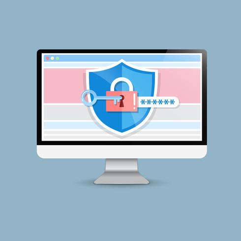 Concept is data security Access .Shield on Computer Desktop  protect sensitive data. Internet security. Vector Illustration.