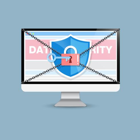 Concept is data security . Shield on Computer Desktop protect sensitive data. Internet security. Vector Illustration.or