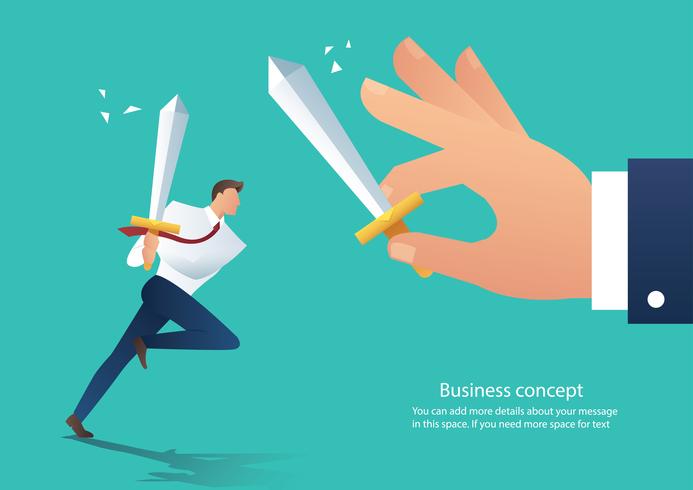 businessman conflict aggressive holding sword fighting with the co-worker, businessman fight boss at work vector illustration