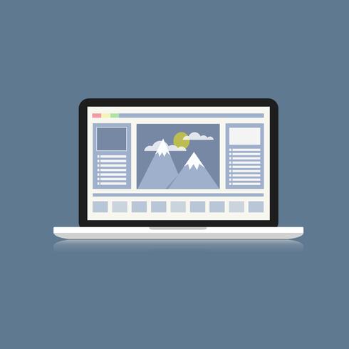laptop computer with graphic design program on latop screen, flat vector design desk for graphic designer or Photo grapher