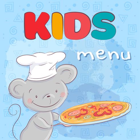 Poster cute mouse with pizza. Hand drawing. Vector illustration cartoon style