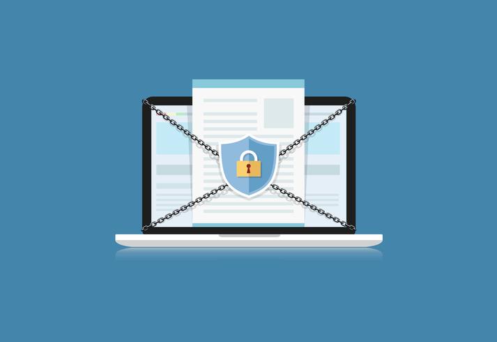 Concept is data security. Shield on Computer Labtop protect sensitive data. Internet security. Vector Illustration