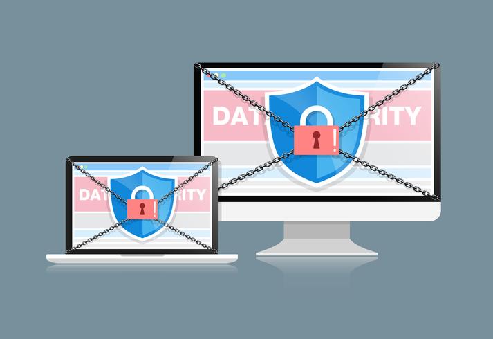 Concept is data security . Shield on Computer Desktop or Labtop protect sensitive data. Internet security. Vector Illustration.or