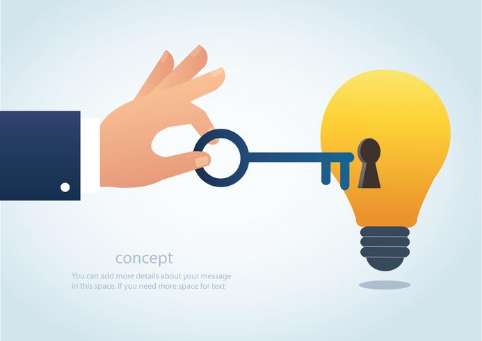 hand holding the big key with keyhole on the lightbulb, concept of creative thinking vector