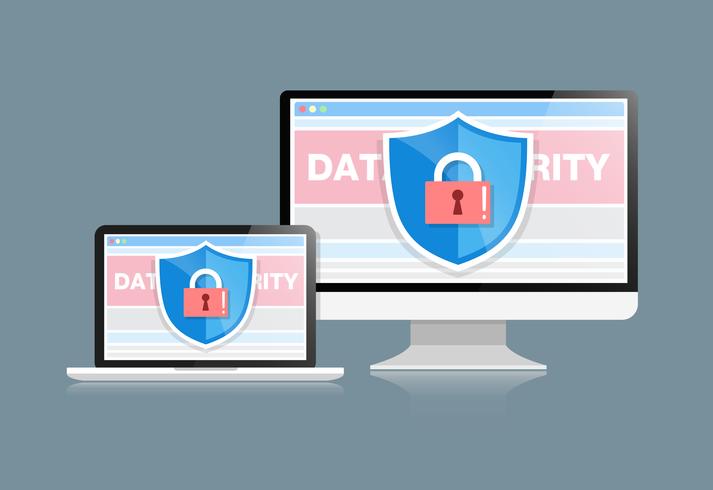 Concept is data security . Shield on Computer Desktop or Labtop protect sensitive data. Internet security. Vector Illustration.or