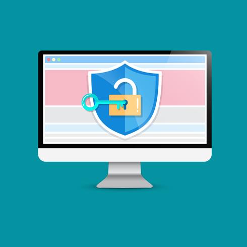 Concept is data security Access success. Shield on Computer Desktop  protect sensitive data. Internet security. Vector Illustration.