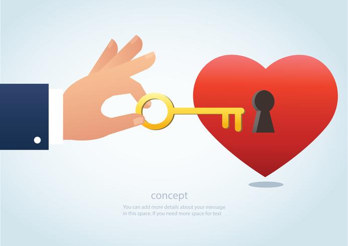 hand holding the big key with keyhole on red heart vector illustration