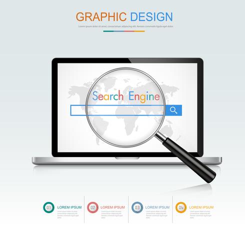 Computer laptop with Search Engine concept on screen,3d and flat vector design illustration for web banner or presentation used