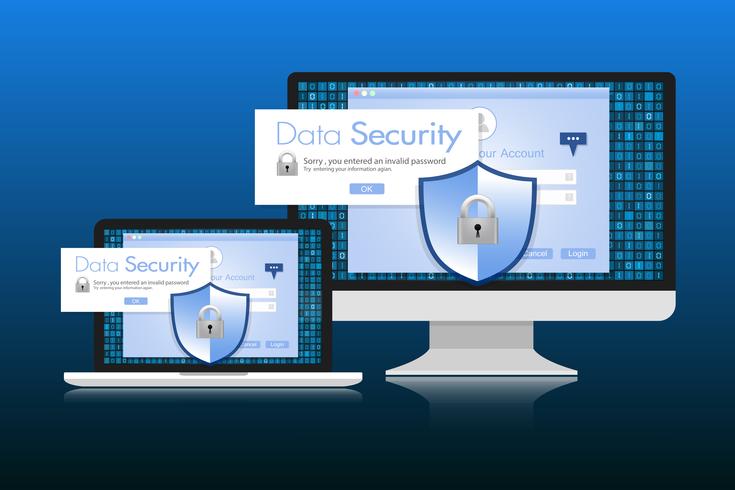 Concept is data security. Shield on Computer Desktop or Labtop protect sensitive data. Internet security. Vector Illustration.