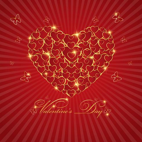 Tarjeta de felicitación feliz del amor del día de tarjeta del día de San Valentín con el corazón del oro en el fondo rojo, diseño del vector