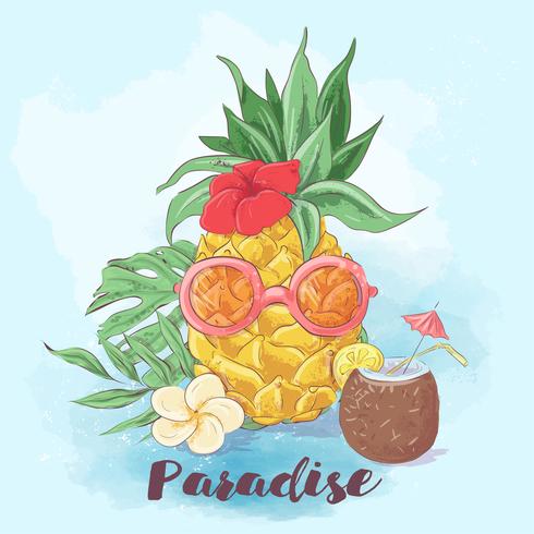Set of cocktail ice cream and tropical fruits. Vector illustration