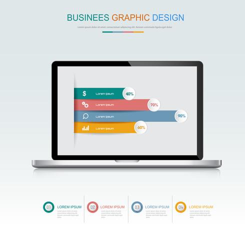 Ordenador portátil con gráfico de negocios en pantalla, ilustración de diseño de vector plano y 3d para banner web o presentación utilizada