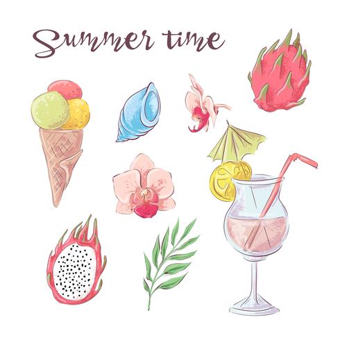 Set of cocktail ice cream and tropical fruits. Vector illustration