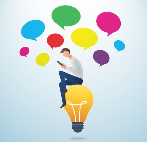 man holding a smartphone sitting on the lightbulb with colorful could chat box vector