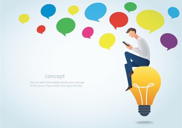 man holding a smartphone sitting on the lightbulb with colorful could chat box vector