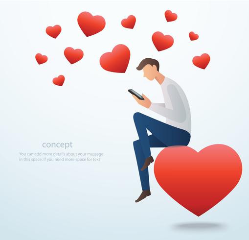 hombre sosteniendo un teléfono inteligente sentado en el corazón rojo y muchos corazón vector ilustración