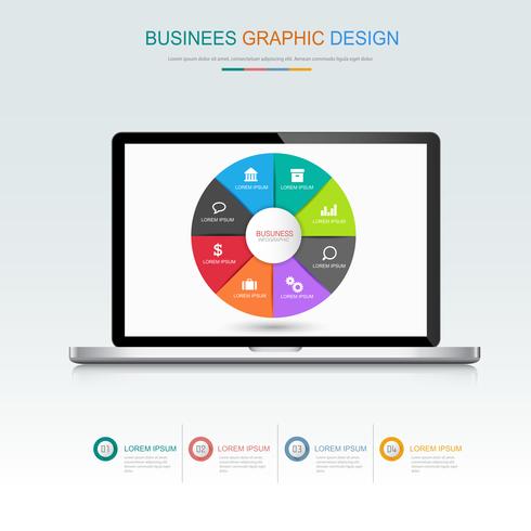 Computer laptop with business graph on screen,3d and flat vector design illustration for web banner or presentation used