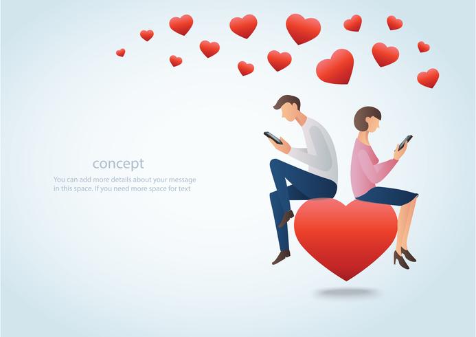 Hombre y mujer usando un teléfono inteligente y sentados en el corazón rojo con muchos corazones, concepto de amor en línea vector