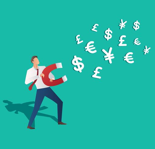 business concept. businessman attracting money icon with magnet vector illustration