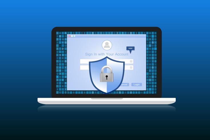 Concept is data security. Shield on Labtop protect sensitive data. Internet security. Vector Illustration.