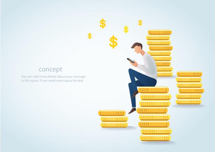 man holding smartphone sitting on gold coins, business concept of digital marketing vector illustration 