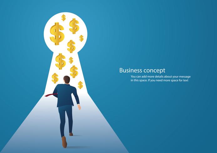 Ilustración de concepto de negocio infografía de un empresario caminando en el ojo de la cerradura con el icono de dólar vector