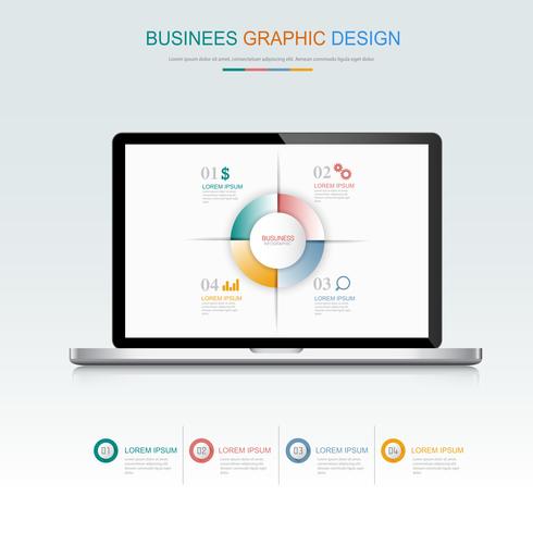 Computer laptop with business infographic on screen,3d and flat vector design illustration for web banner or presentation used