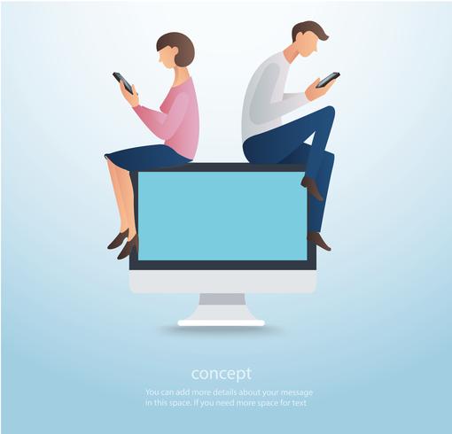 man and woman using smartphone and sitting on computer, concept of love online    vector