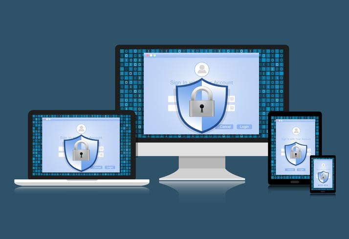 Concept is data security. Shield on computer ,Laptop, Tablet and Smart Phone  protect sensitive data. Internet security. Vector Illustration.