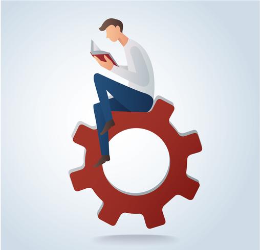 man reading book sitting on gears icon vector illustration