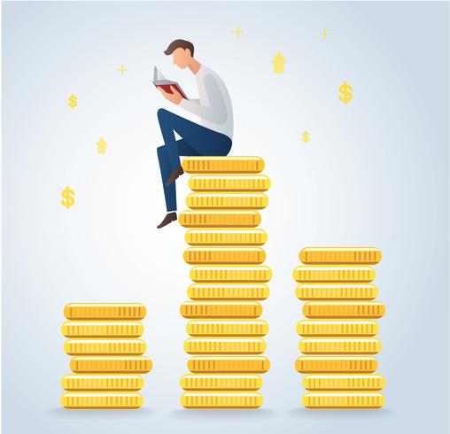 man reading book on coins, business concept vector illustration