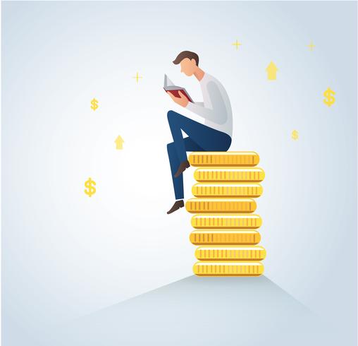 man reading book on coins, business concept vector illustration