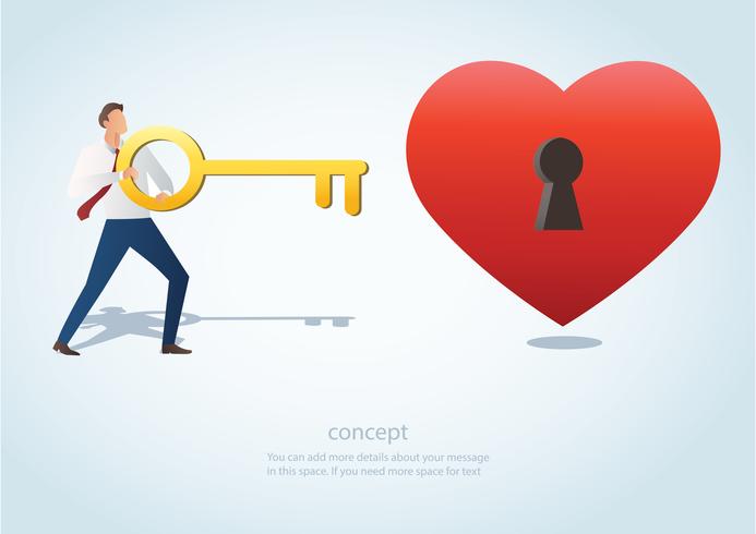 the man holding the big key with keyhole on red heart vector illustration